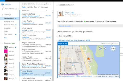 Saque más provecho de su trabajo en cualquier dispositivo Imagen ampliada de la bandeja de entrada de un usuario en Outlook en la web, con tecnología de Exchange.