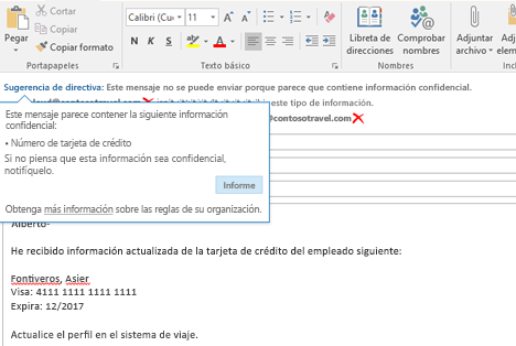 Proteja su organización Imagen ampliada de un correo electrónico con una sugerencia de directiva para ayudar a prevenir el envío de información confidencial.